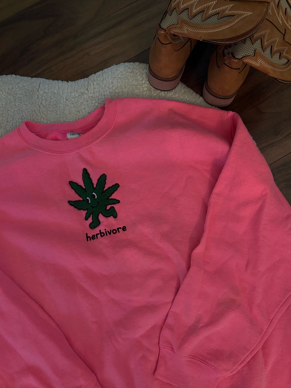 Herbivore Pink Crewneck Sweatshirt with Green Leaf Graphic